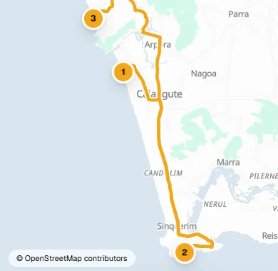 Map of North Goa with a marigold route line joining three numbered stops for Day 1.